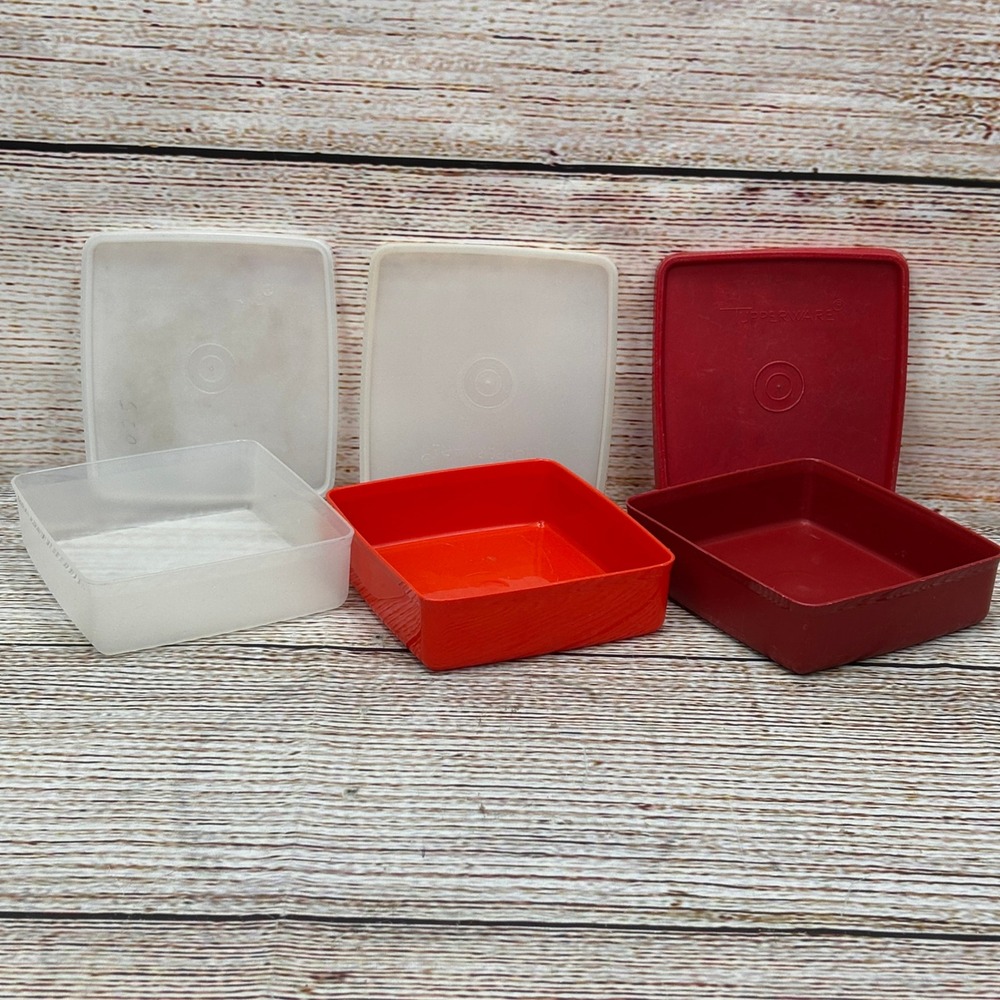 Vintage Tupperware Square Snack Containers Set of 3 Orange Maroon Clear 670 671